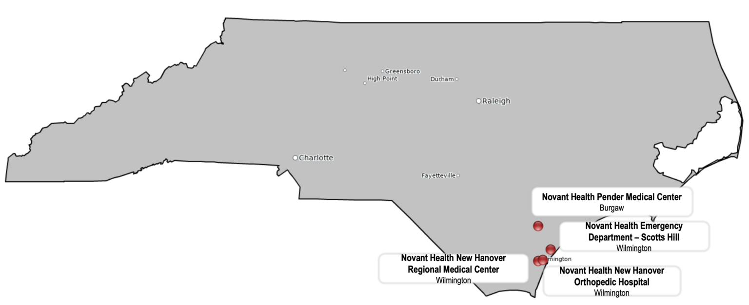 North Carolina Map with multiple hospitals
